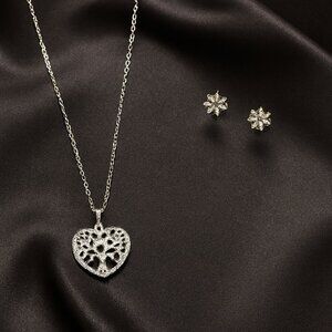 Women's  Silver Tree of Life Heart Necklace Set – Flower Stud Earrings Jewelry